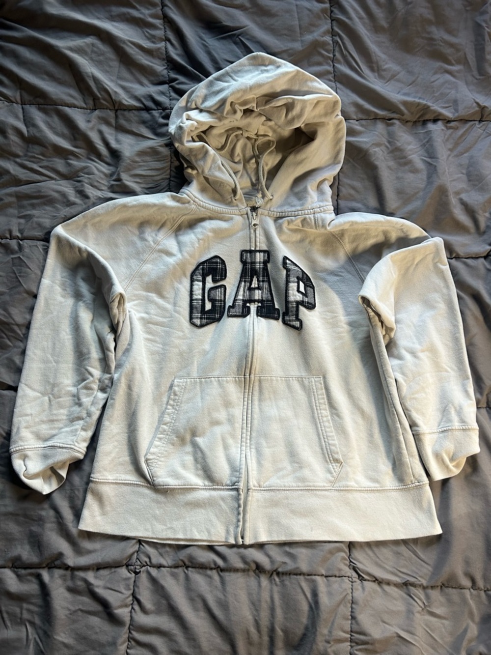 GAP Light Gray Kids Zip Hoodie with Plaid Logo